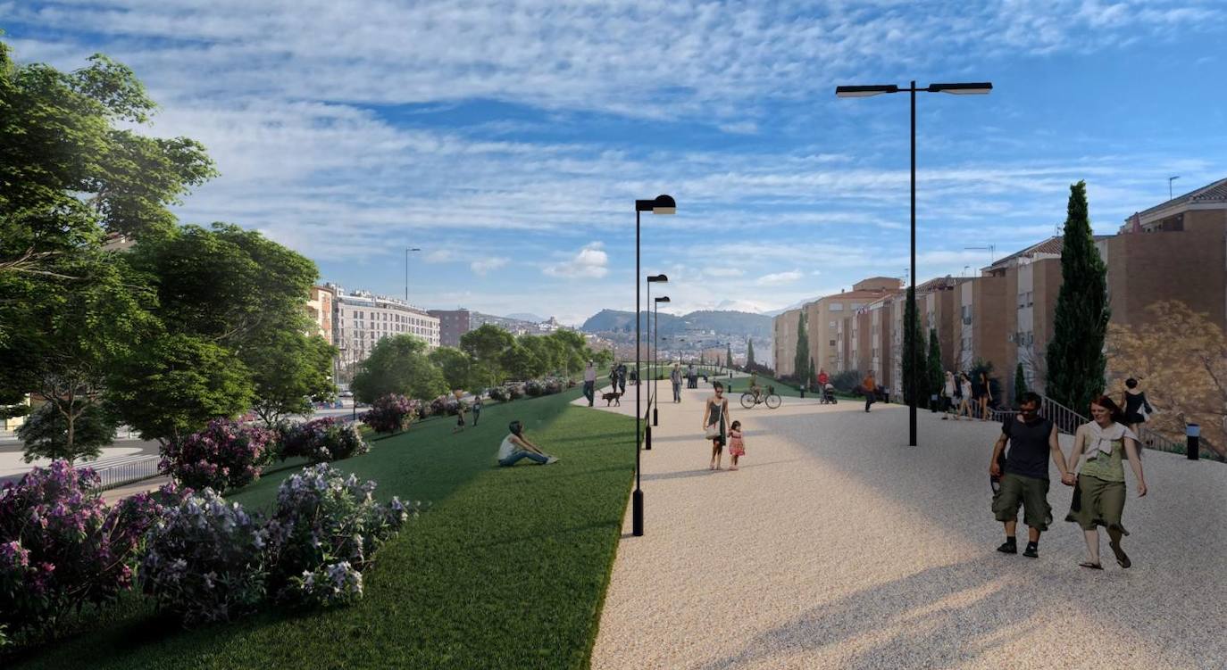 Así se vería la parte superior del montículo sobre las vías paralelo a la calle Jesse Owens.