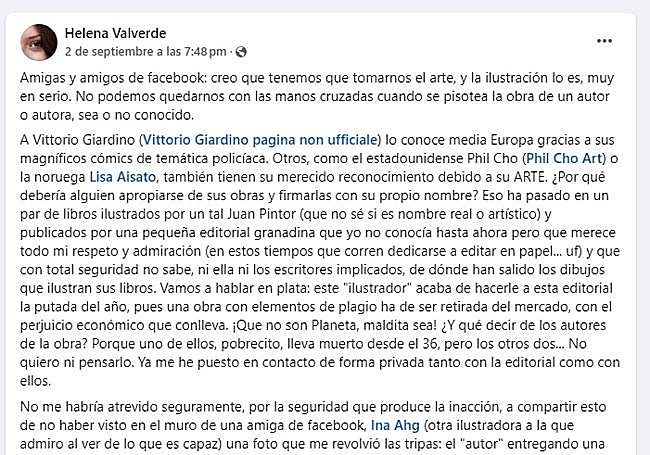 El post que Helena Valverde publicó el 2 de septiembre.