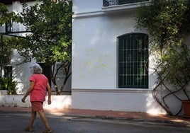 Una mujer pasa delante de la fachada pintarrajeada de la Huerta de San Vicente.