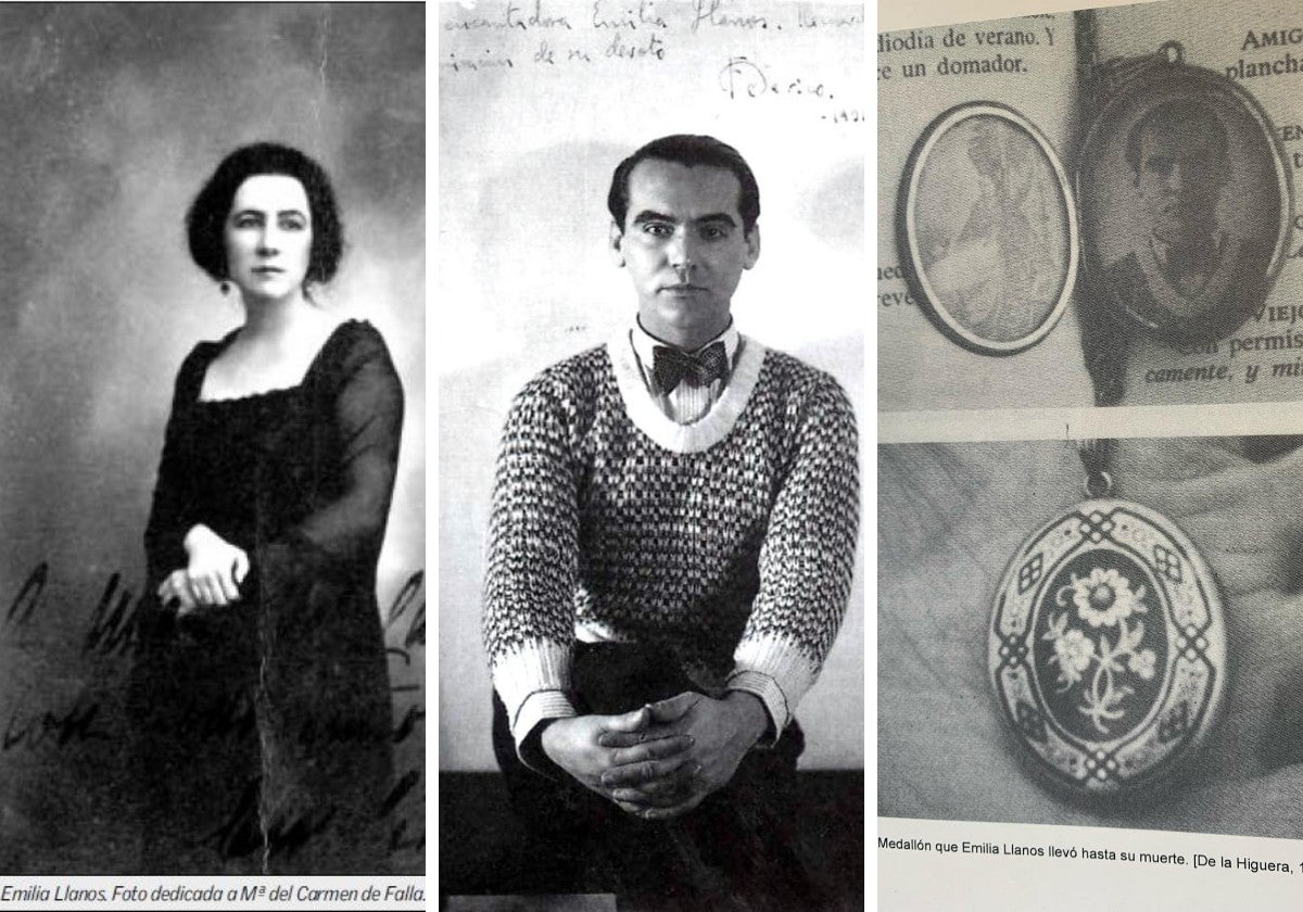 Emilia Llanos, García Lorca y un recorte del libro 'Mujeres en la vida de Federico García Lorca'.