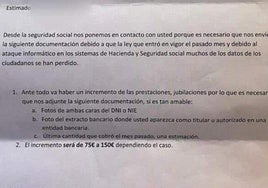 Extracto del fraude de la carta de la Seguridad Social 'enviada' desde Granada que pide 150 euros.