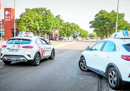 Dos coches de autoescuela, en un examen para obtener el carnet de conducir en la capital.