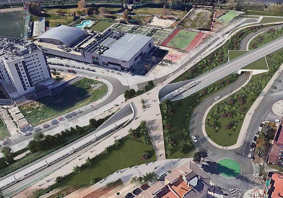 Vista el entorno del gimnasio Ágora We con el tren integrado en la recreación presentada por Óscar Puente.