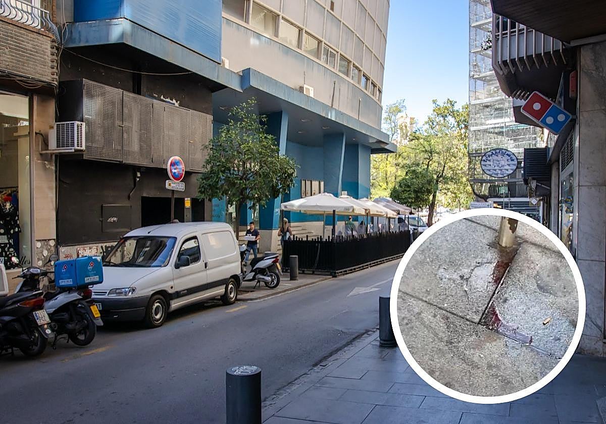 Entorno de Plaza de Gracia. En detalle, restos de sangre tras la pelea.