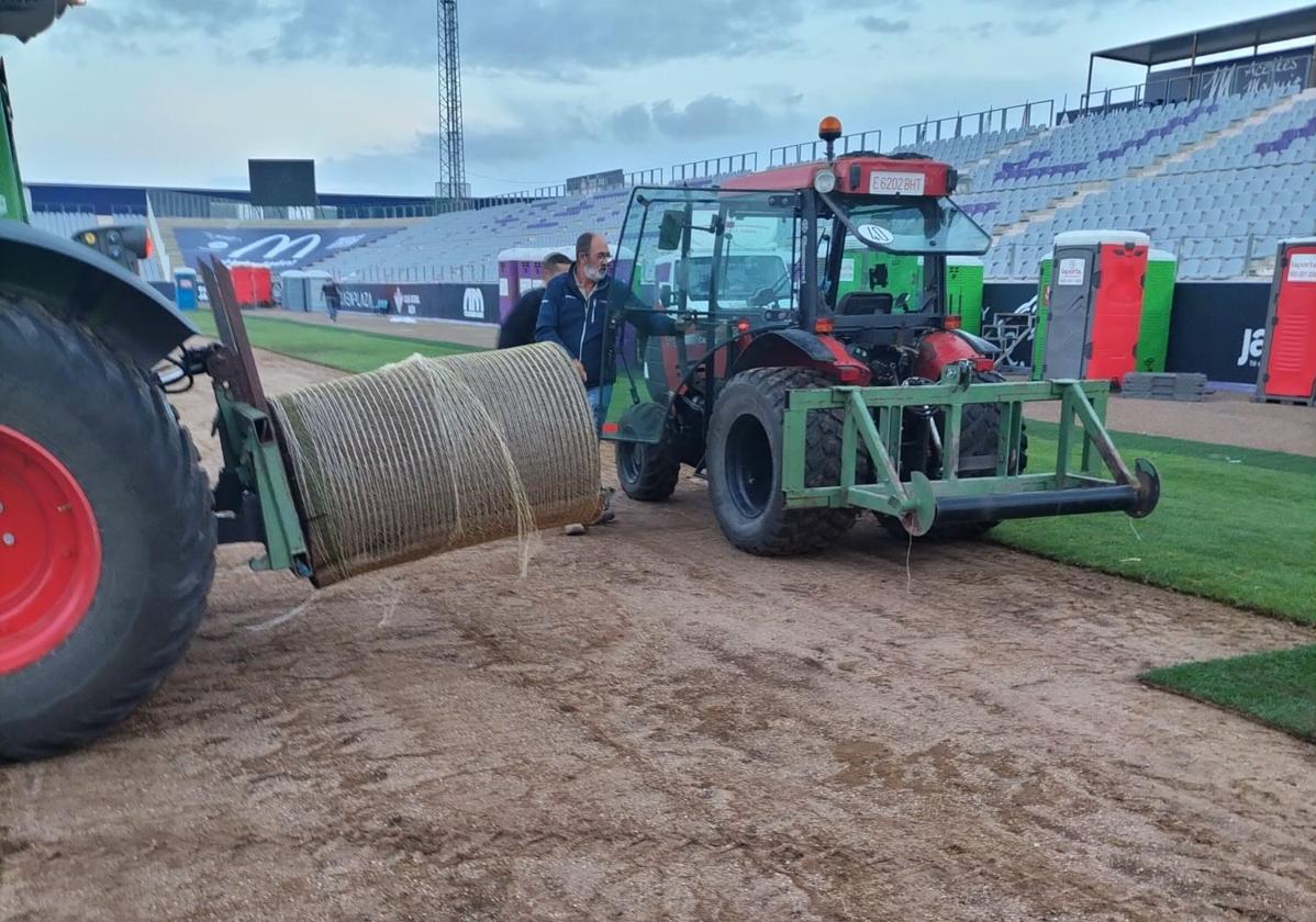 El césped de La Victoria se está cambiando sin coste para el club blanco y el Ayuntamiento de Jaén