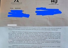 Carta de respuesta del Hospital Universitario de Jaén a un paciente.