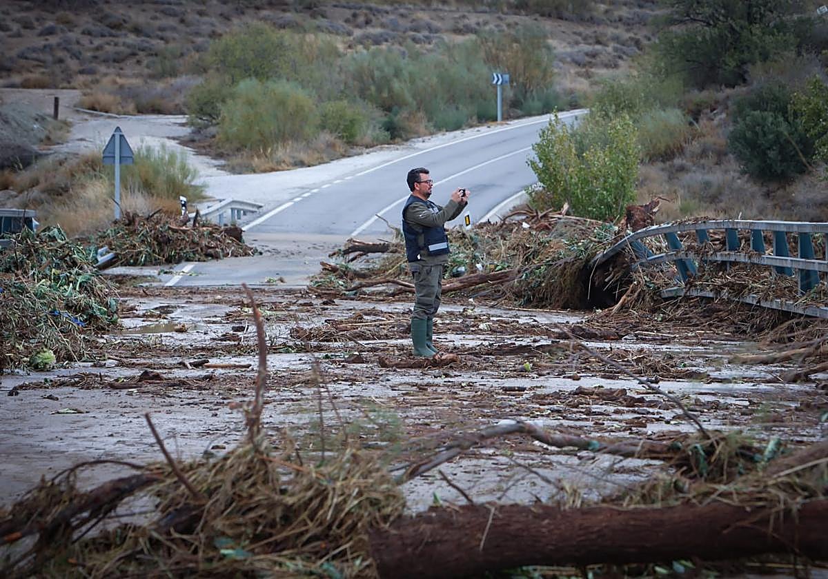 Destrozos del temporal en una carretera granadina.