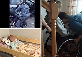 Julia tumbada en su cama y en silla de ruedas acompañada de sus padres.