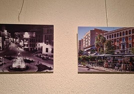 Foto antigua de la plaza de la Constitución y ahora, en la exposición de Arco del Consuelo.