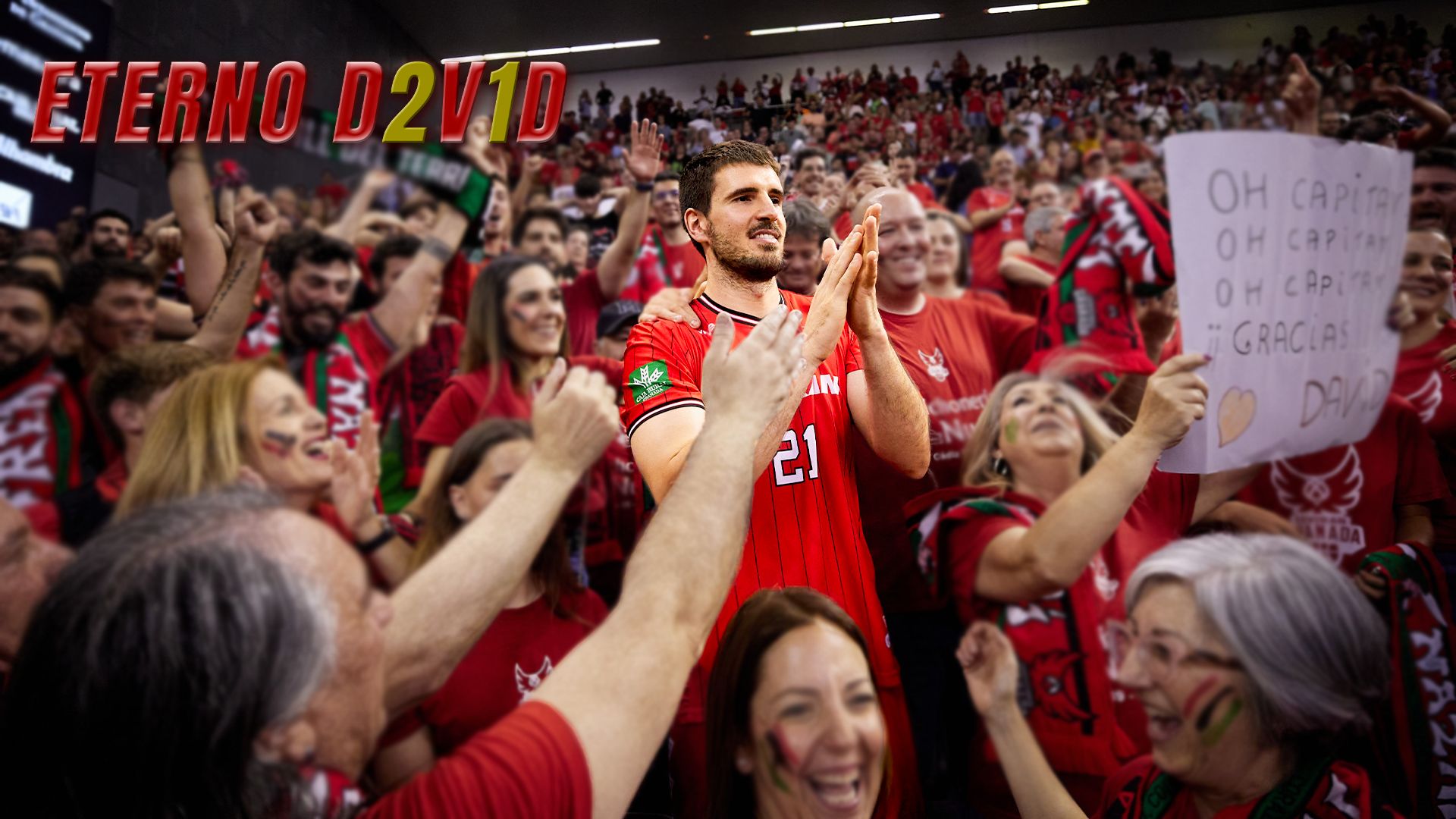 David Iriarte celebra con los aficionados la permanencia en la Liga Endesa.
