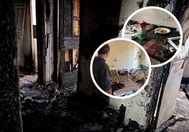 En la imagen principal, primera planta del bloque calcinada. En las imágenes de la derecha, pertenencias y restos de los okupas.
