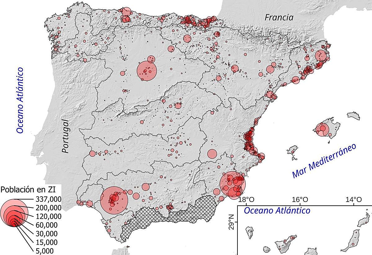 Mapa de número de habitantes en zona inundable por municipio.