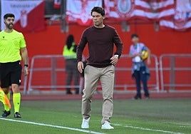 El entrenador del Almería, Rubi, atiende al partido.