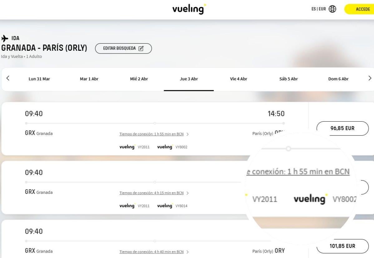 La web de Vueling no ofrece la conexión directa con París más allá del 30 de marzo, a partir de esa fecha los vuelos que pueden comprarse contemplan escala en Barcelona.