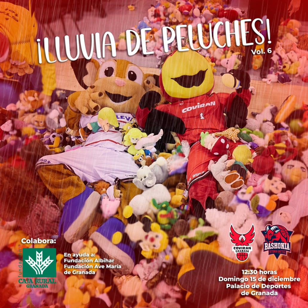 Cartel promocional de la lluvia de peluches del Covirán Granada.