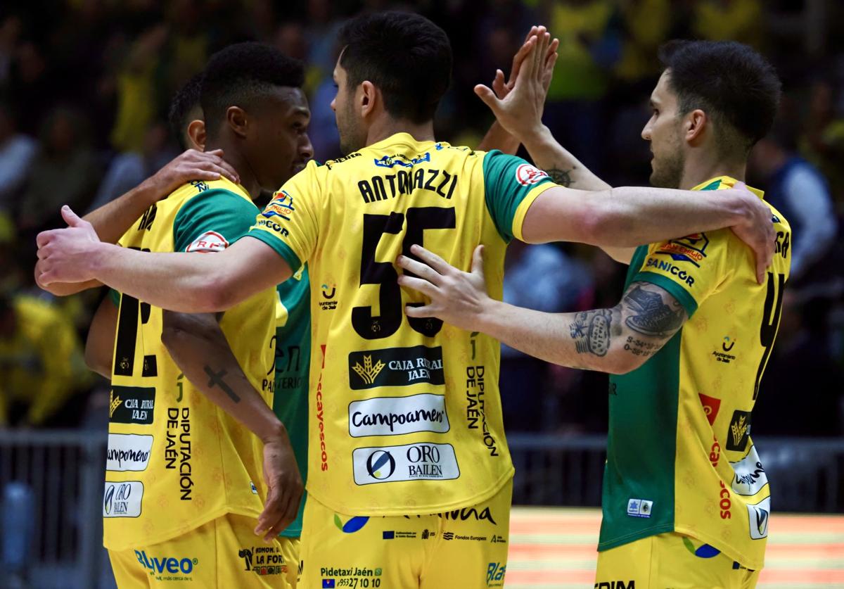 Los jugadores amarillos celebran un tanto en el Olivo Arena.