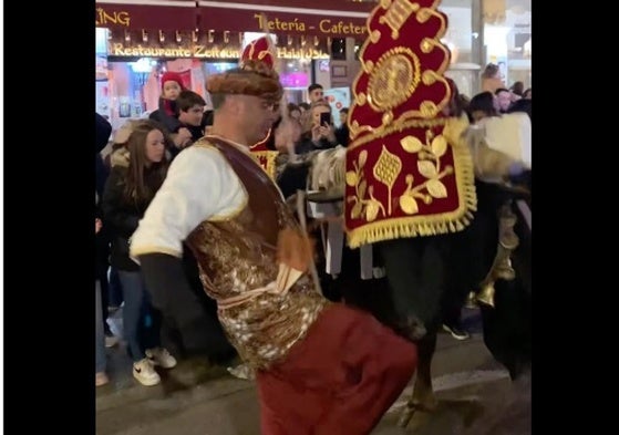 Momento de la patada a un buey durante la cabalgata del Heraldo.