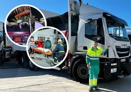 A la derecha, Raúl con el camión. A la izquierda, imágenes del rescate del hombre por los Bomberos.