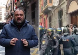 El redactor Javier Barrera en la calle Azacayas. Carga policial junto al edificio okupado.