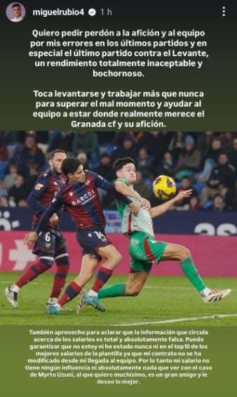El comunicado de Miguel Rubio en Instagram, que luego borró.