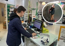 Guillermo posa con su compañera en el mostrador en el que se encontraba cuando entró el ladrón. En la imagen pequeña, el presunto atracador.