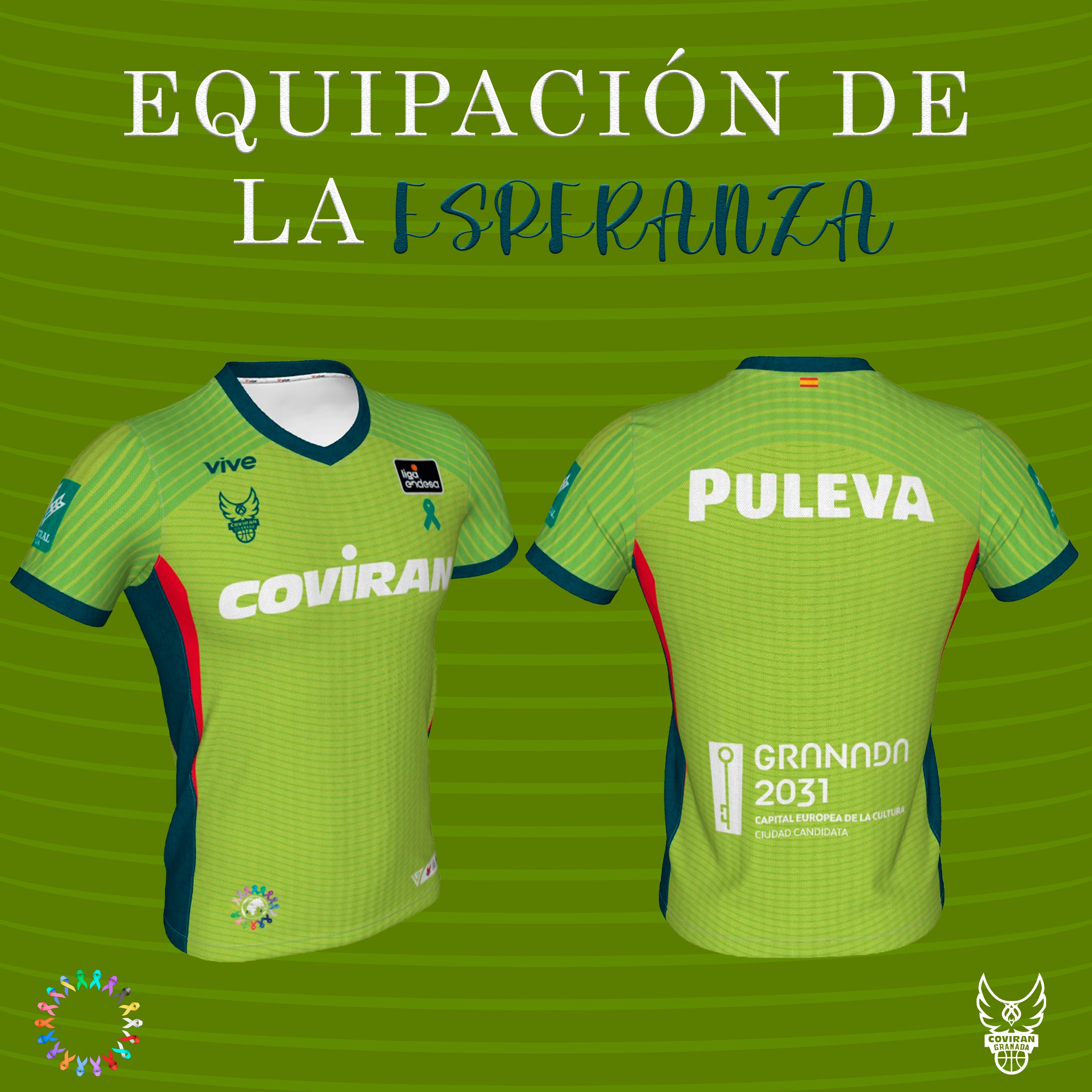 La camiseta verde esperanza del Covirán Granada contra el cáncer.