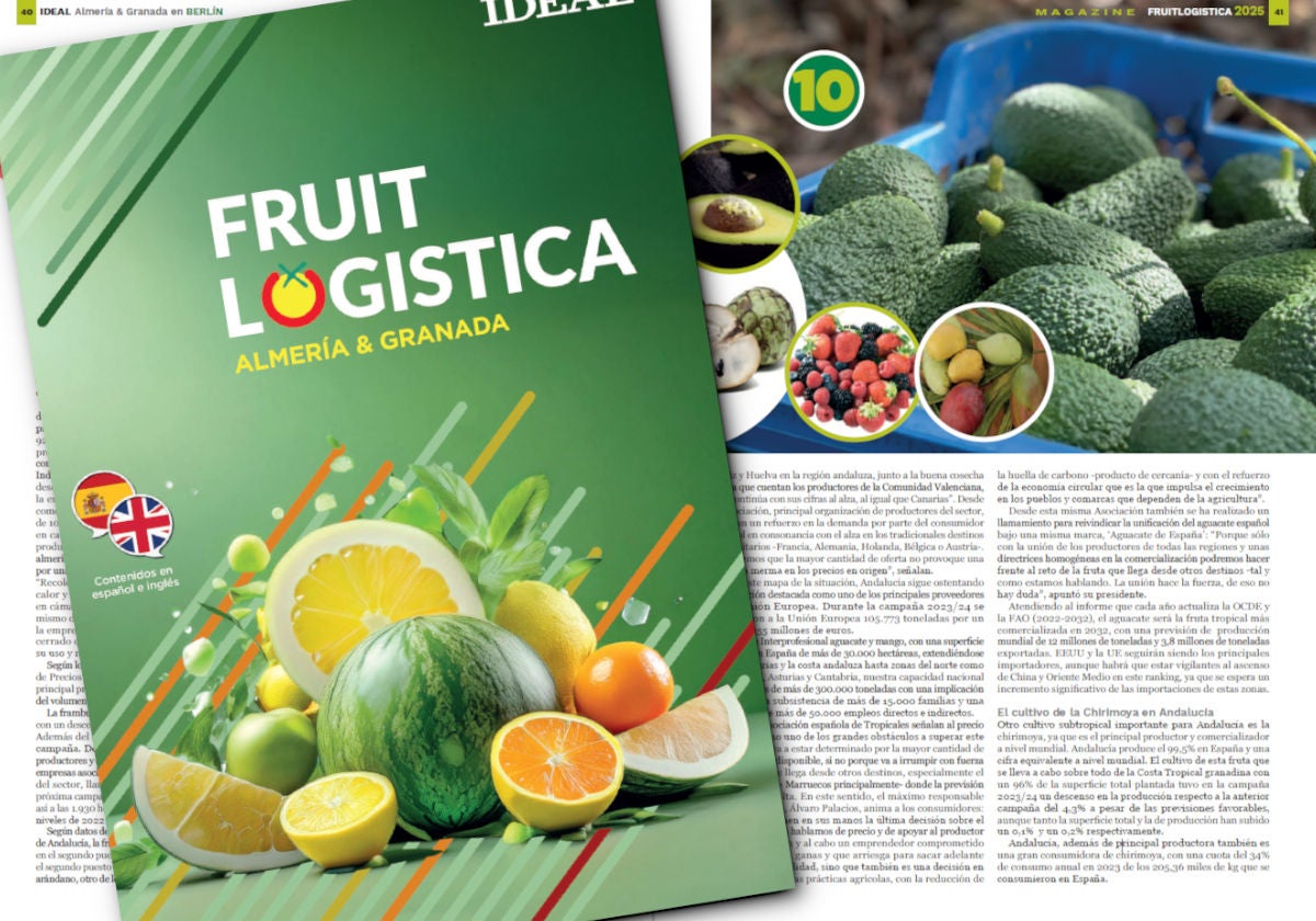 Detalle de las portada del suplemto Fruit Logistica 2025, sobre dos páginas interiores.