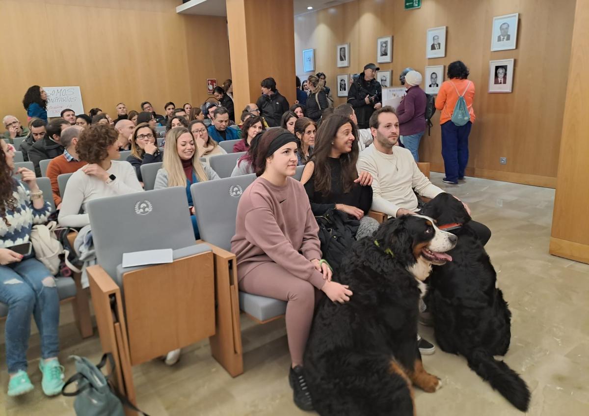 Imagen secundaria 1 - Aspecto del salón de actos, con perros entre los asistentes. En la mesa, Marian Díaz, Raúl Pedregosa, Francisco Cerezuela y Ana Martínez.