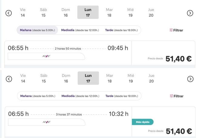 Comparativa entre el tiempo de viaje desde Málaga (arriba) y desde Granada (abajo) para un tren que sale a la misma hora.