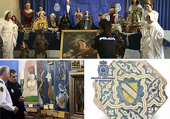 Arriba, piezas de arte sacro recuperadas. Abajo a la izquierda, 'Picassos' falsos incautados en Granada. A la derecha, azulejo de la Alhambra recuperado por la Policía Nacional.