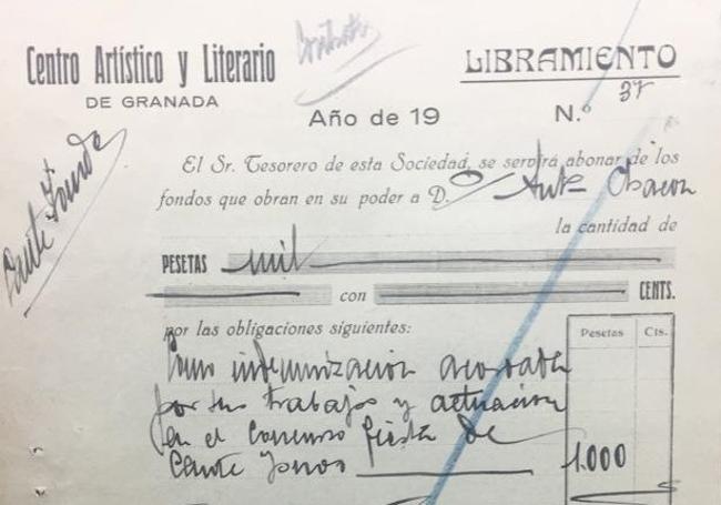 Extracto de las mil pesetas que cobró Antonio Chacón por participar en el Concurso de Cante Jondo.