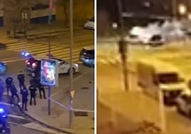 Agentes frente al cajero asaltado (izquierda). Vehículo huyendo por la rotonda con ayuda del humo de un extintor (derecha).