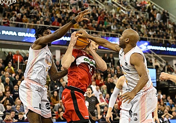 Iván Aurrecoechea se hace con el rebote con mucha bravura en el decisivo partido contra el Hiopos Lleida en el Palacio.