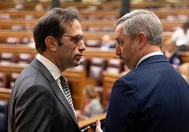 El ministro de Economía, Carlos Cuerpo (i), y el diputado del PP, Juan Bravo (d), en el Congreso.