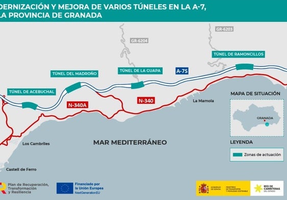 Las obras en cuatro túneles de la Costa granadina afectan al tráfico en la A-7