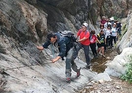 Un grupo de personas realizan un trayecto de vía ferrata con un nivel bajo de dificultad.