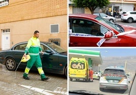 A la izquierda, un operario limpia la zona donde Raúl se disparó a sí mismo tras asesinar a un menor en El Ejido y el 2 de mayo Jony murió al recibir siete disparos junto a una gasolinera de Berja