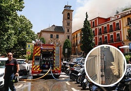 Incendio en un edificio junto a la iglesia de Santa Ana. En detalle: parte de la fachada caída por el fuego.