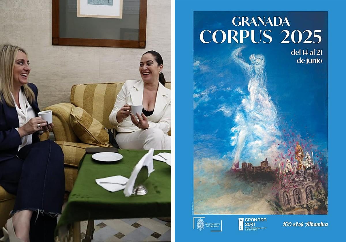 Marifrán Carazo junto a la pregonera, la cantaora Alicia Morales y a la derecha el cartel del Corpus.