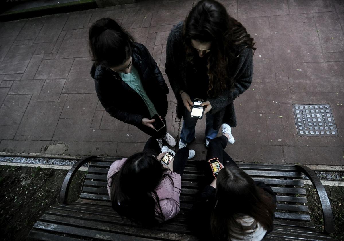 Cuatro jóvenes miran sus móviles en un parque.
