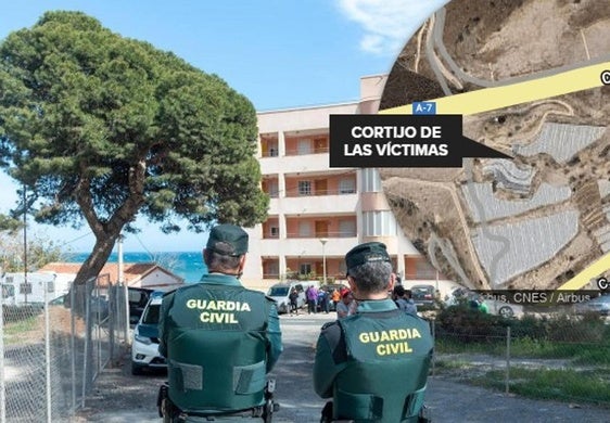 Dos guardias civiles en Los Yesos donde se montó el cordón policial cuando aparecieron los cadáveres y la localización del cortijo