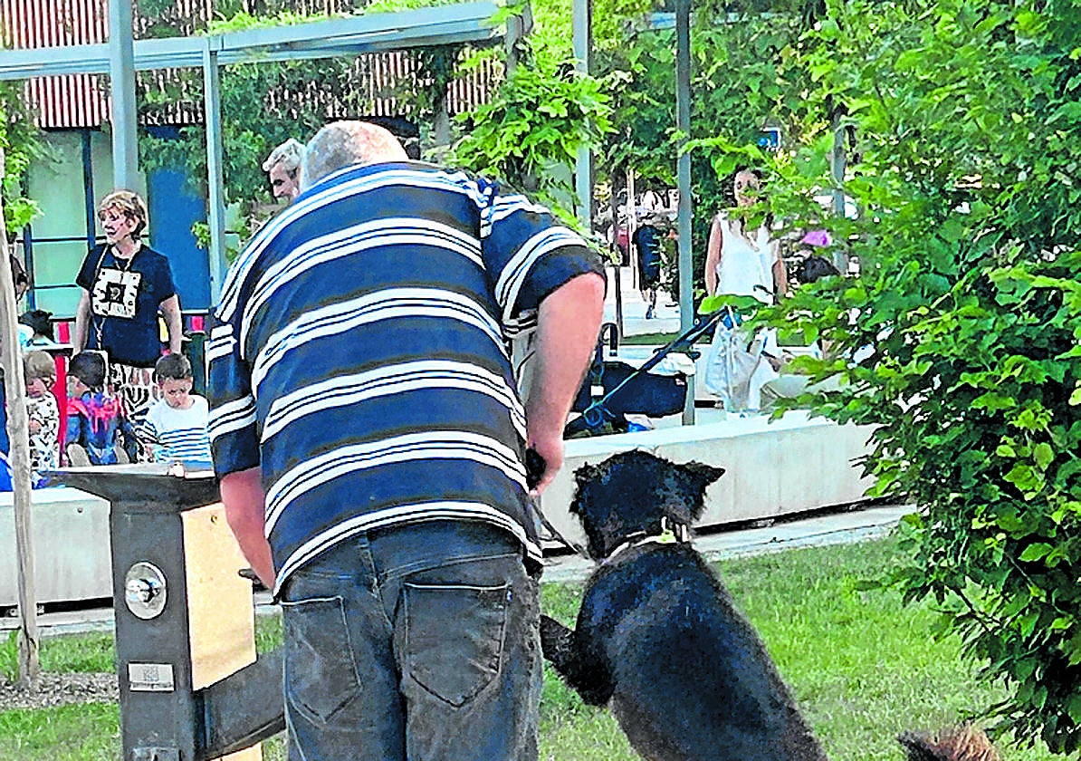 Un perro bebe agua de la fuente ubicada junto al parque infantil.