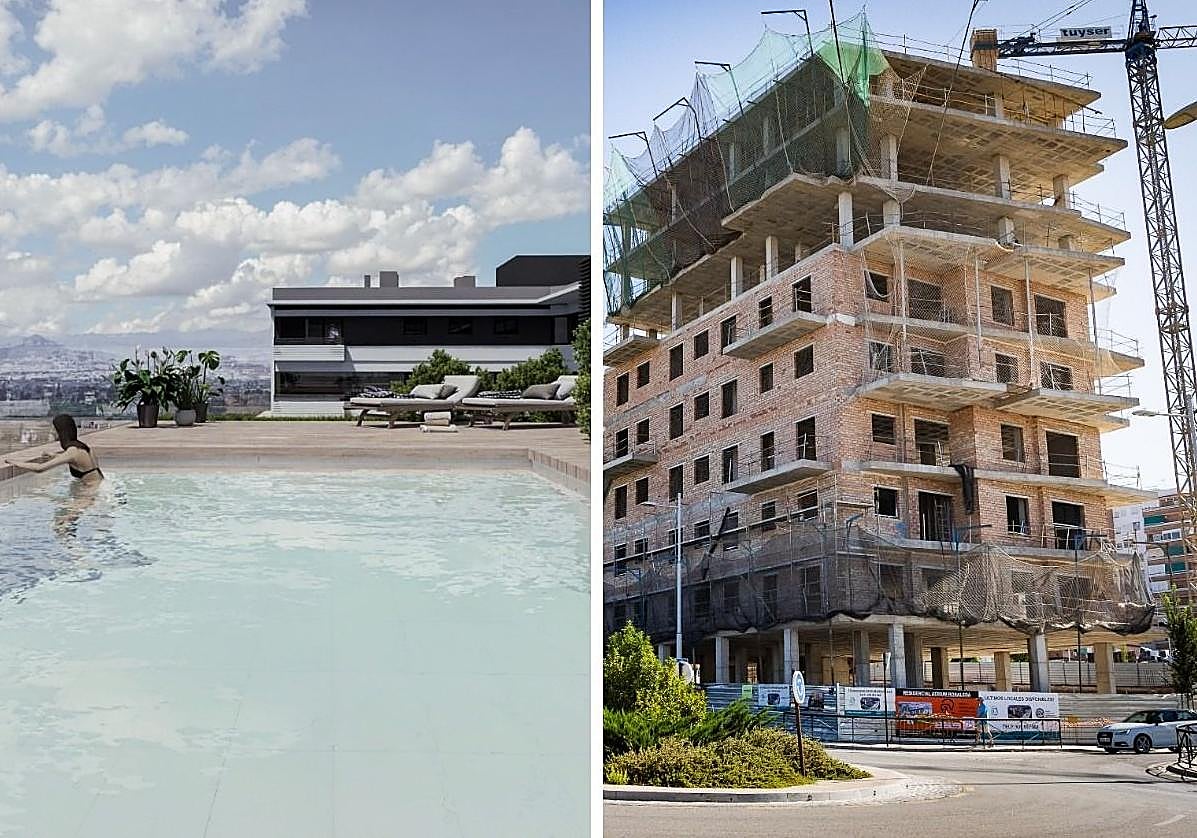 La piscina de la futura promoción Bazán Rosaleda, que se empezará a construir en octubre y a la derecha las obras de las 179 VPO de Varkat.