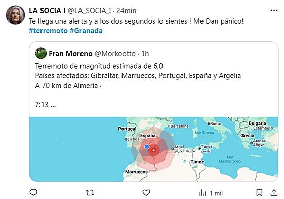 Una de las reacciones al seísmo en redes sociales.