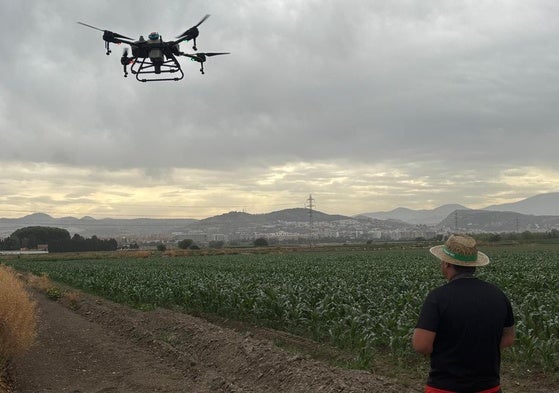 Pablo Luna vuela su dron sobre una finca agrícola.