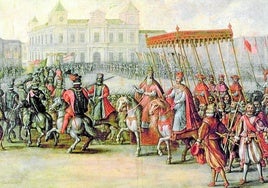 Carlos V (aquí, entrando a Bolonia), llevaba consigo a 600 personas, más o menos.
