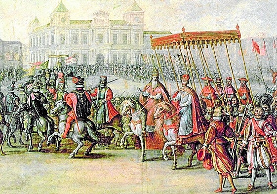 Carlos V (aquí, entrando a Bolonia), llevaba consigo a 600 personas, más o menos.