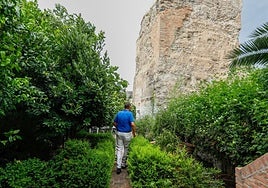 Patio de la casa del Callejón de San Cecilio atravesado por un lienzo de muralla