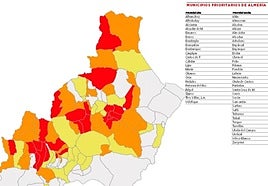 En rojo, municipios con prioridad alta; en naranja, los de prioridad media; y, en amarillo, los de baja.