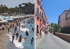 Las playas de Granada a rebosar y la ciudad desierta .